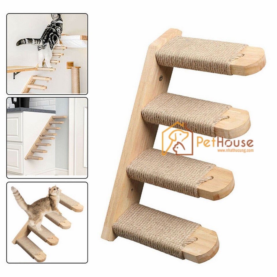 Cào móng 4 bậc thang gắn tường cho mèo sản phẩm gỗ tự nhiên bền đẹp sx pethouse