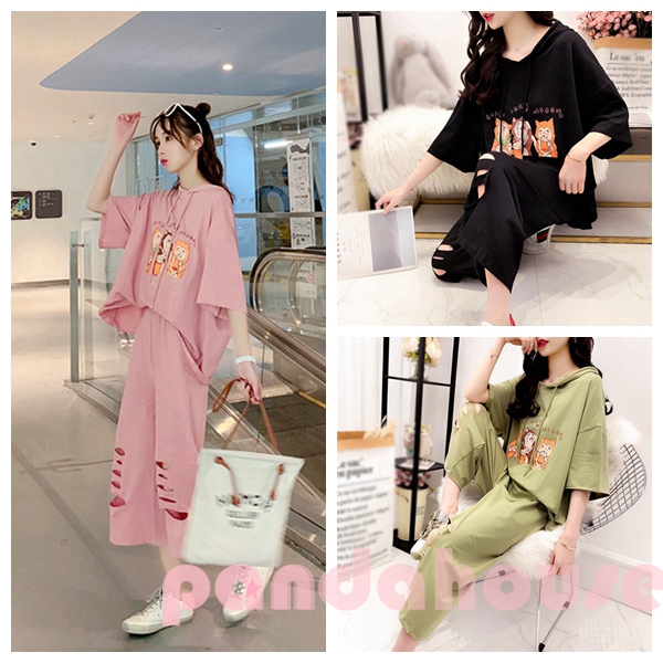 Women 2pcs/Set Cartoon Print Hole Korean Style Fashion Casual Hooded Top + Wide Leg Pants