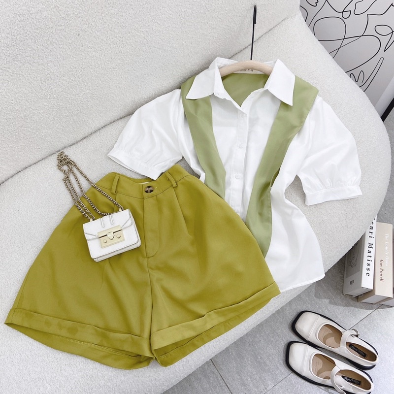 SET ÁO SƠ MI THẮT NƠ XANH + QUẦN SHORT XANH