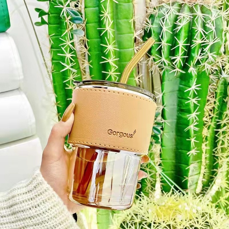 Ly thủy tinh gorgous daisy vỏ da cao cấp có nắp 2 lớp dày trong suốt tặng kèm ống hút