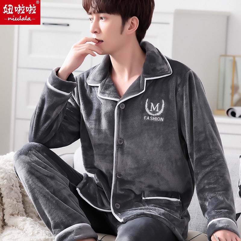 Bộ đồ ngủ tay dài chất nỉ lông cừu san hô dày dặn thời trang thu đông cho nam