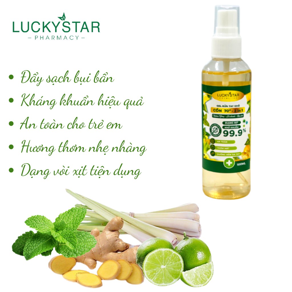 Xịt Khử Khuẩn 3 IN 1 Gừng Sả Chanh Bạc Hà Lucky Star - 100ml