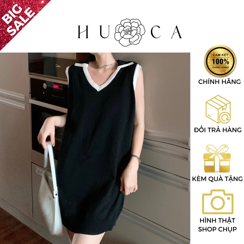 HUCA Đầm Body Thun Gân,Đầm Thức Dáng Sang Chảnh, Cổ V Tim, Màu Đen Viền Trắng,Style Hàn Quốc Nữ Mùa Đông 2023