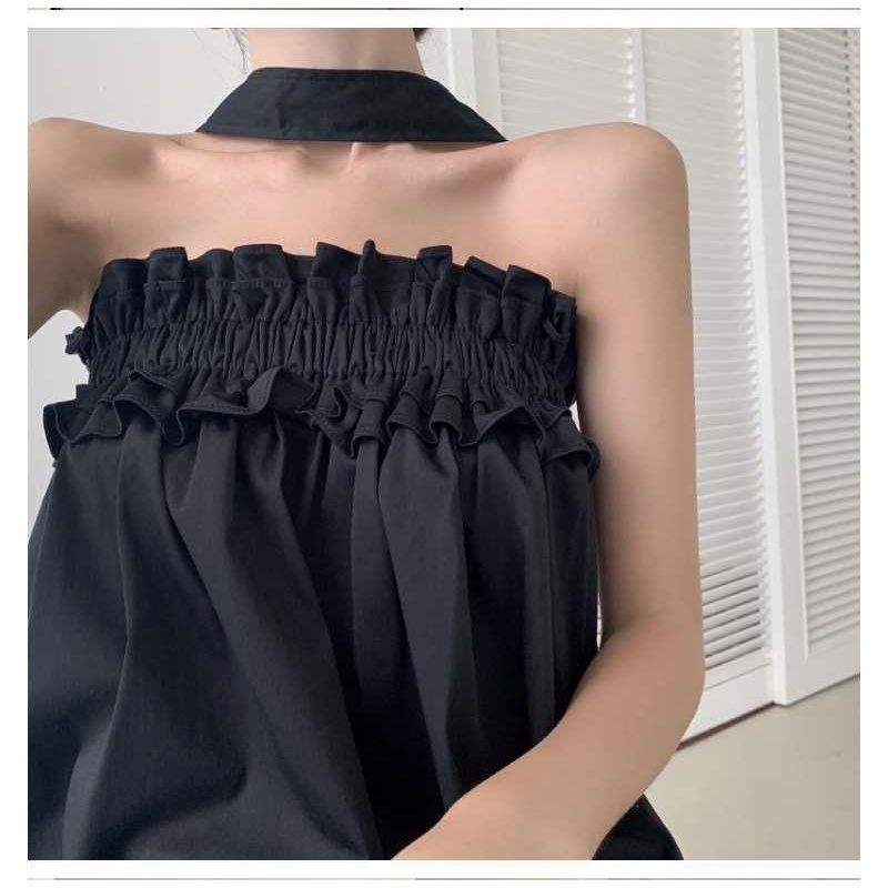 Đầm Cổ Yếm Màu Đen Phong Cách Pháp Thời Trang Mùa Hè Quyến Rũ Cho Nữ