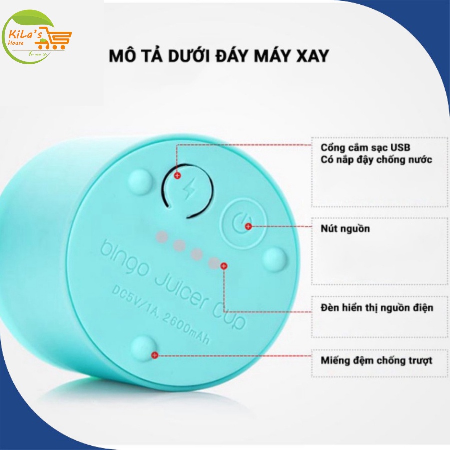 Máy Xay Sinh Tố Cầm Tay 500ML, Pin Sạc, 4 Lưỡi Bingo Juicer Cup - Máy Xay Sinh Tố Mini Đa Năng Cầm Tay Tiện Lợi