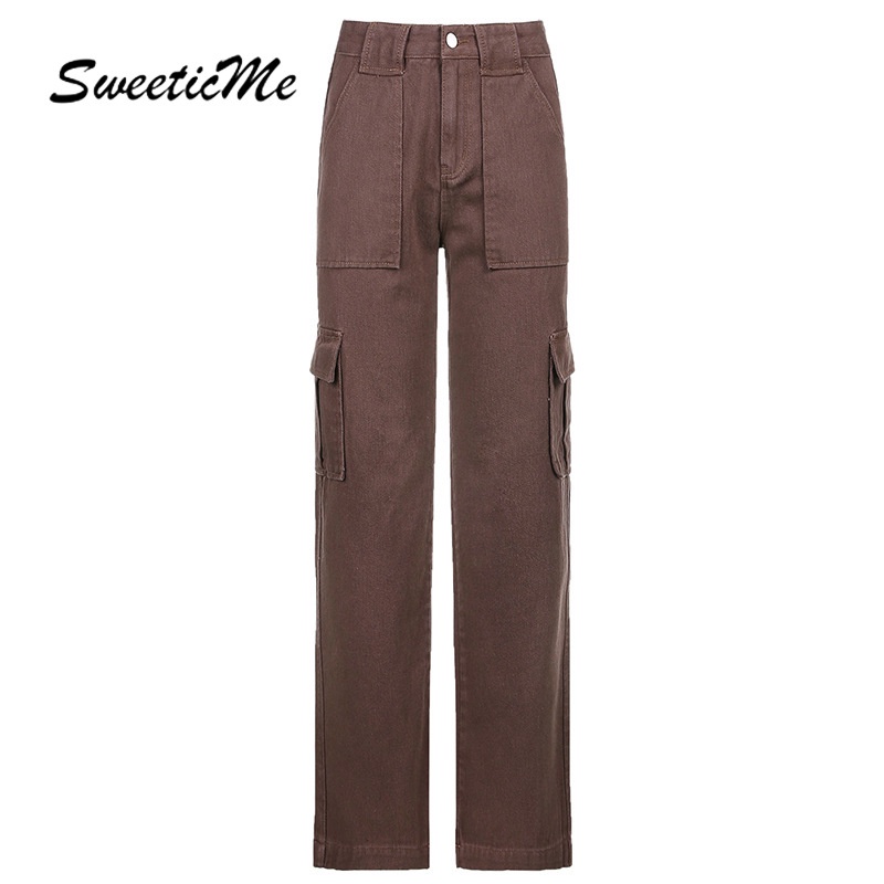 Quần Jean Ống Rộng Trơn Màu Phối Túi Xinh Xắn Dành Cho Nữ 2021