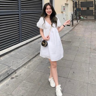 Đầm Babydoll Đầm Trắng Xòe Tay Bồng Khóa Thoải Mái Cách Điệu