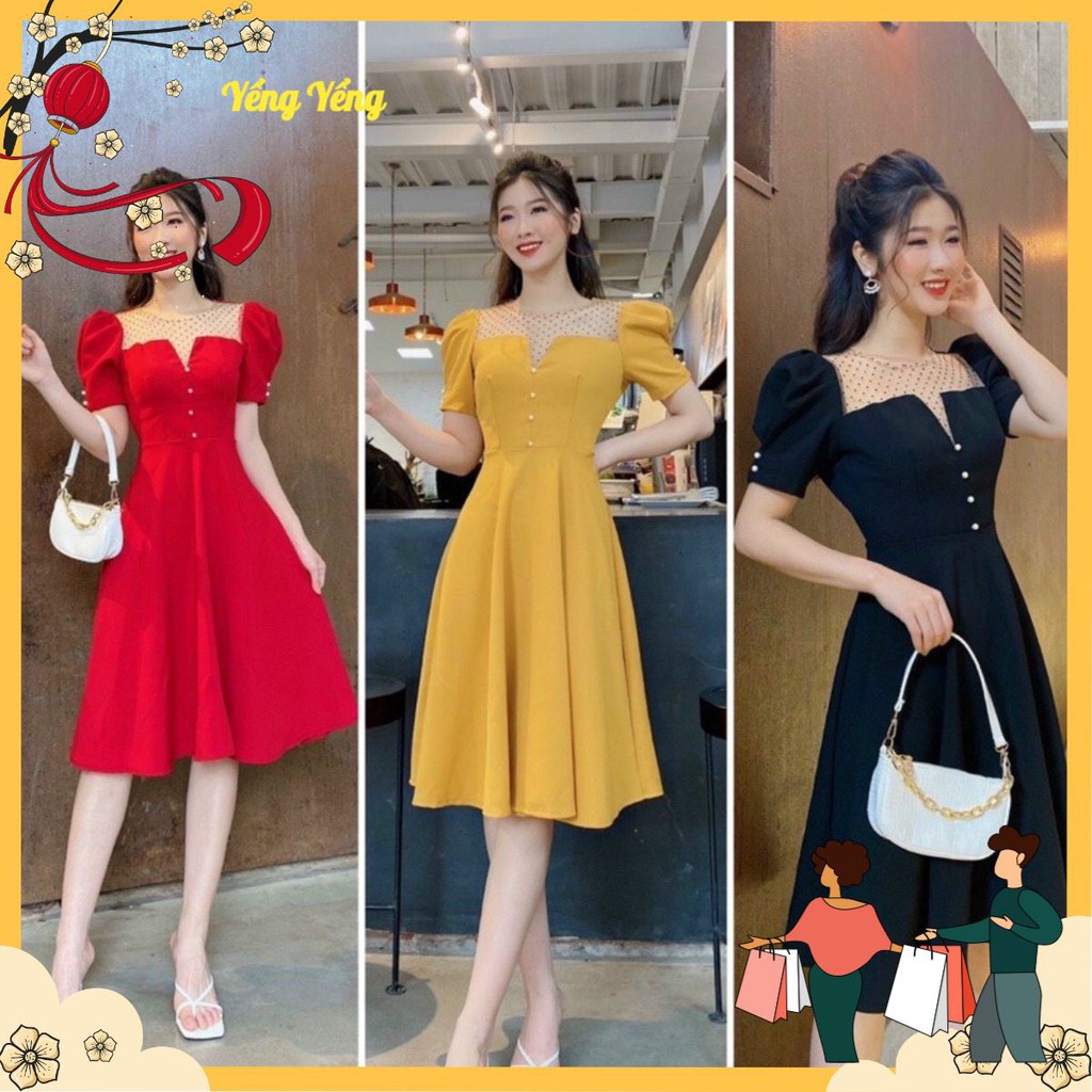 VNU277 - VÁY XOÈ CỔ HỞ V PHỐI LƯỚI CÚC NGỌC