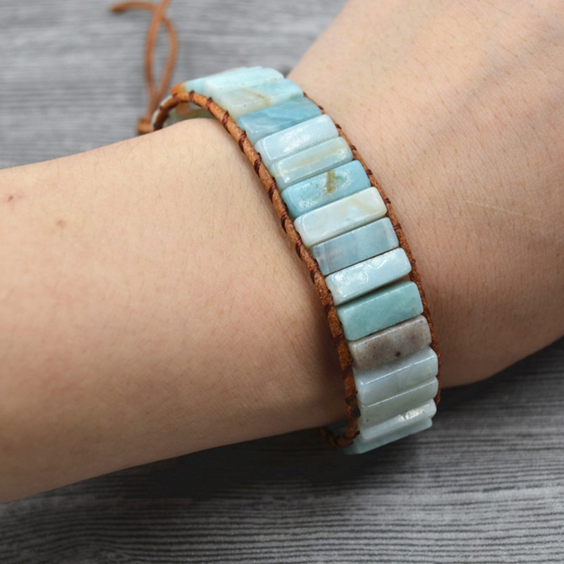 Vòng Tay Chuỗi Hạt Đá Amazonite Tự Nhiên Phong Cách Boho Kèm 2 Dây Đeo Bằng Da