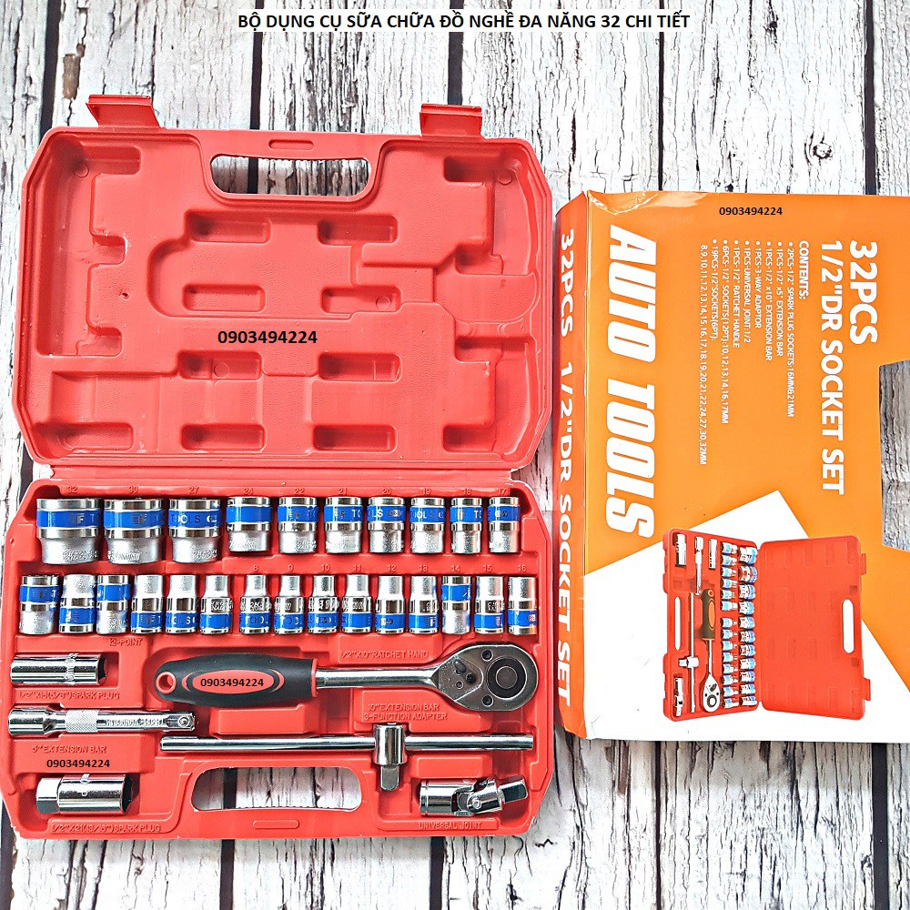 [ Combo 32 món] Bộ Khẩu Tuýp 1/2 Đài Loan Đa Năng 32 Chi Tiết Cao Cấp Không Gỉ AUTO TOOLS
