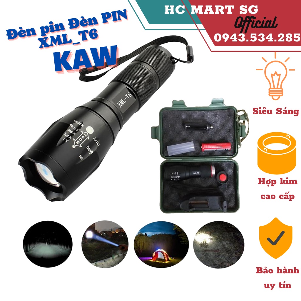 Đèn pin mini chống nước, Đèn pin XML-T6 siêu sáng- Đèn pin đa chế độ sáng, chất liệu hợp kim nhôm chống shock, va đập