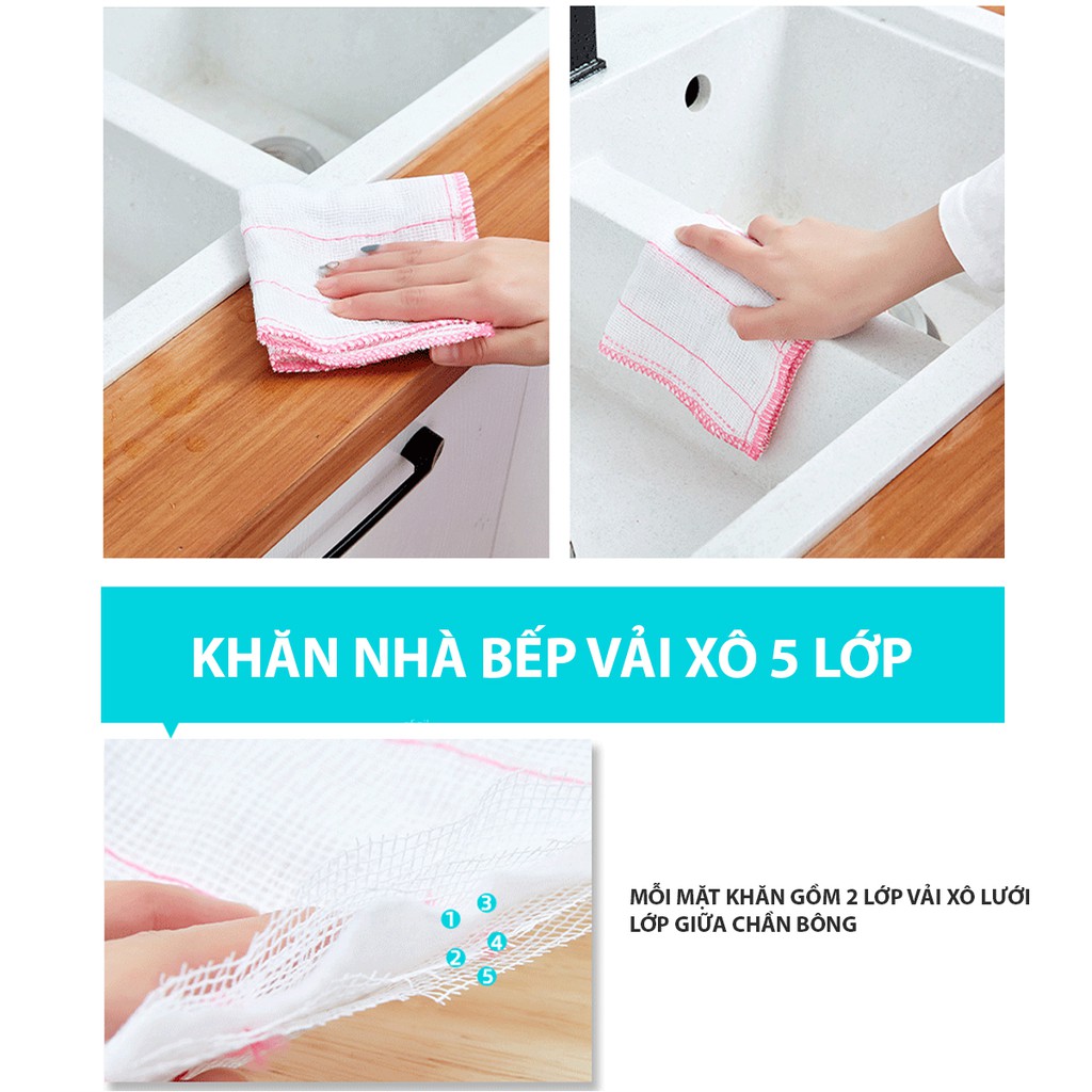 Khăn đa năng vải xô 5 lớp chần bông lau bếp, bát đĩa, cốc chén thấm nước chống dính dầu mỡ - doni86 - PK76