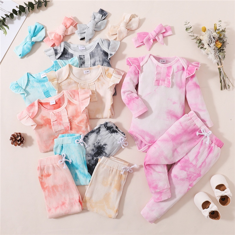 Set romper + quần + băng đô Mikrdoo tay dài màu trơn xinh xắn dành cho bé gái