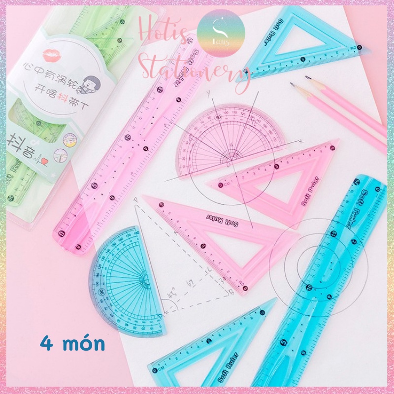 Bộ 4 thước ê ke nhựa dẻo Soft Ruler nhiều màu, không lo gãy