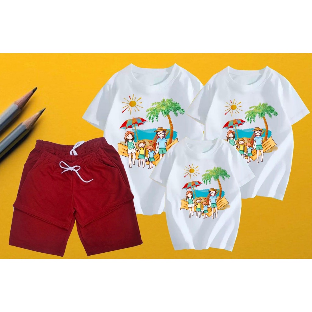 Áo thun gia đình đi biển, đồng phục gia đình, nhóm 3,4,5 người áo thun coton dày dặn, mát mịn - in hình gia đình cây dừa
