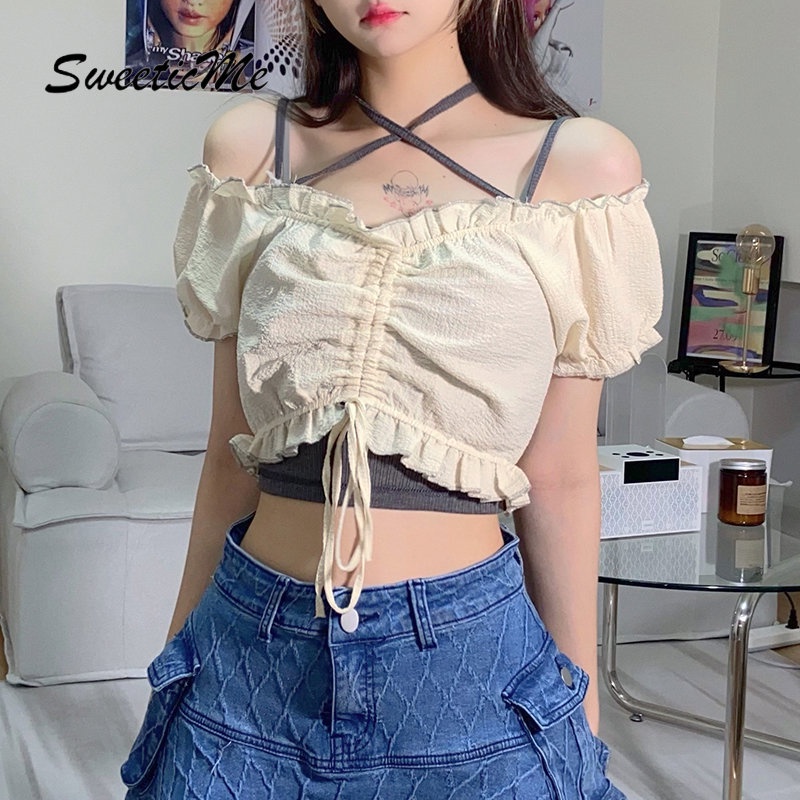 Áo Thun Tay Ngắn Phồng Trễ Vai Màu Trơn Thời Trang Dành Cho Nữ