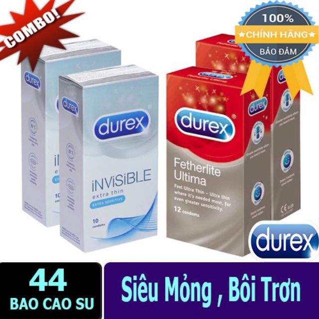 [Combo 4 hộp 48 Bao cao su Durex] Invisible Extra Thin cực siêu mỏng + Fetherlite Ultima siêu mỏng kéo dài