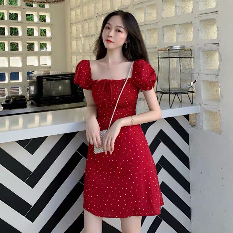 Váy cổ vuông nữ tay phồng vintage dáng suông ngắn họa tiết chấm bi, Đầm cổ vuông ngắn tay ulzzang Hàn Quốc V04 - Roxie