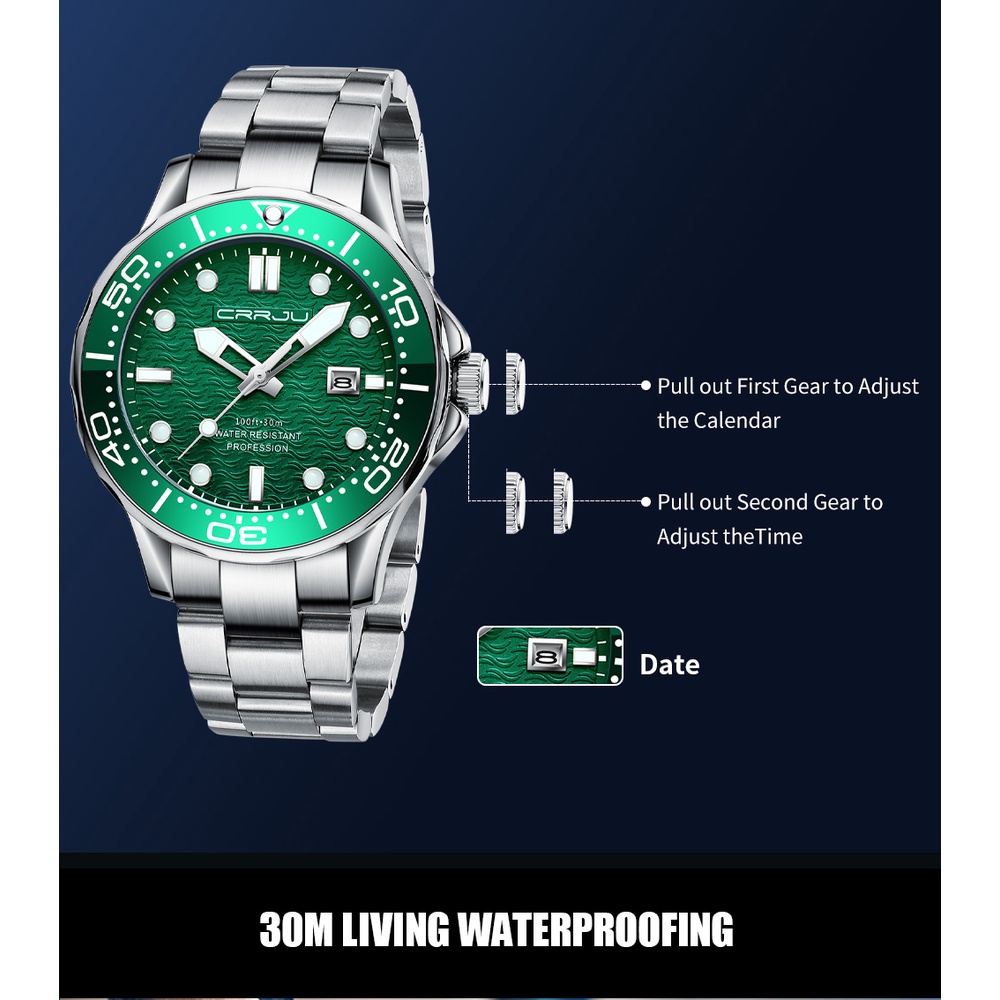CRRJU Men's Quartz Watch Fashion Luxury Sports Military Stainless Steel Strap Luminous Waterproof 2192S