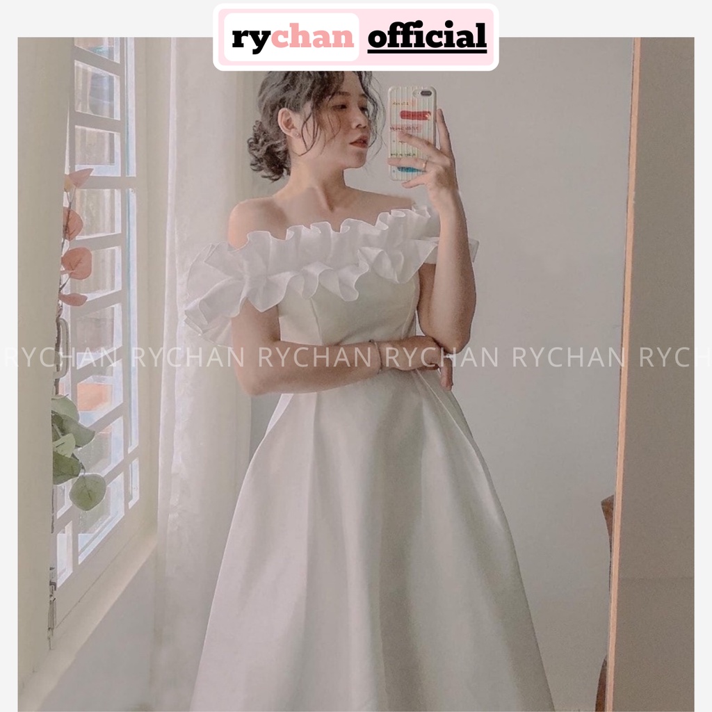 Đầm Nữ Dự Prom Dáng Dài Màu Trắng Trễ Vai Phối Bèo Bản To Bo Eo Cực Sang Chảnh [ẢNH THẬT CUỐI] - DX9901