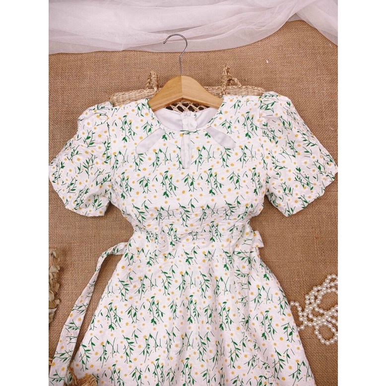 Đầm babydoll hoa nhí, Váy hoa nhí trắng dáng xòe Cao Cấp tay ngắn có dây cột eo, nữ tính quyến rũ - MiNhi Fashion
