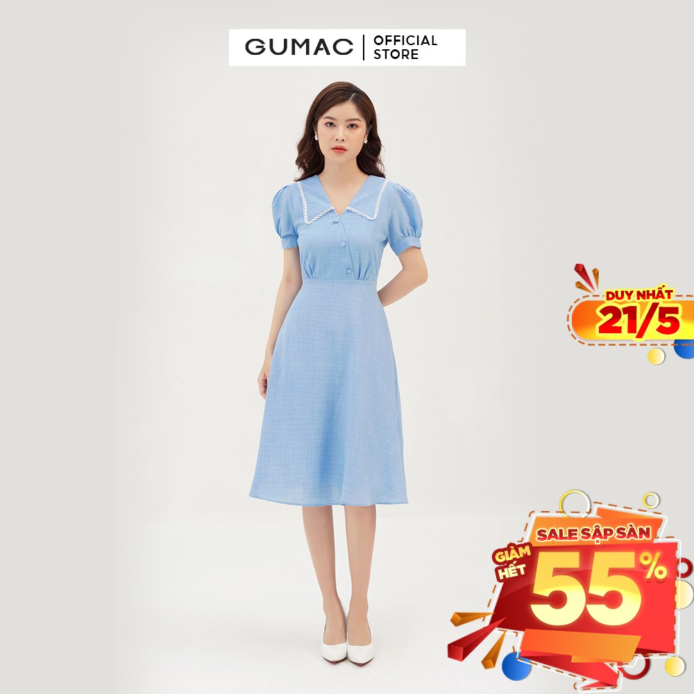 Đầm xòe nữ cổ viền đăng ten GUMAC màu xanh, đủ size, phòng cách thanh lịch, sang trọng DB310 | BigBuy360 - bigbuy360.vn