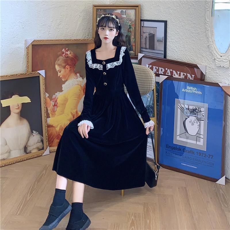 Váy babydoll Đầm Nhung Đen Dáng Dài Chiết Eo Phong Cách Hepburn Pháp Thời Trang Xuân Thu Cho Nữ