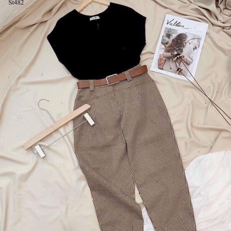 Sét đồ nữ 3 món SDT01 jumpsuit, áo pull cổ tim mix quần dài kẻ kèm đai thời trang trong bộ sưu tập quần áo công sở 2021 | BigBuy360 - bigbuy360.vn