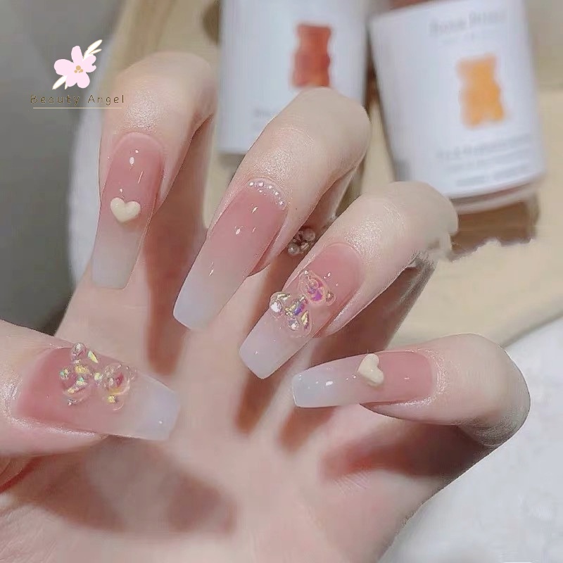 Móng Tay Giả Đính Nơ Hình Gấu Dễ Thương/Móng Tay Giả 3d / Móng Tay Giả Kèm Keo Móng Dài/ nơ kèm keo dán dễ thương xinh xắn