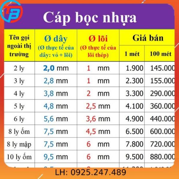 Dây Cáp Thép Bọc Nhựa 2MM, 3MM, 4MM ,5MM, 6MM, 8MM, Bán Lẻ Theo Mét, 2ly, 3ly, 4Ly, 5ly, 6ly, 8ly -