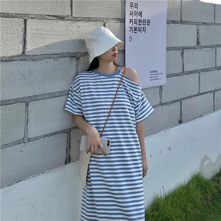 Đầm Ngủ Dáng Dài Trễ Vai Tay Ngắn Họa Tiết Kẻ Sọc Thời Trang Mùa Hè Kiểu Mới Cho Nữ