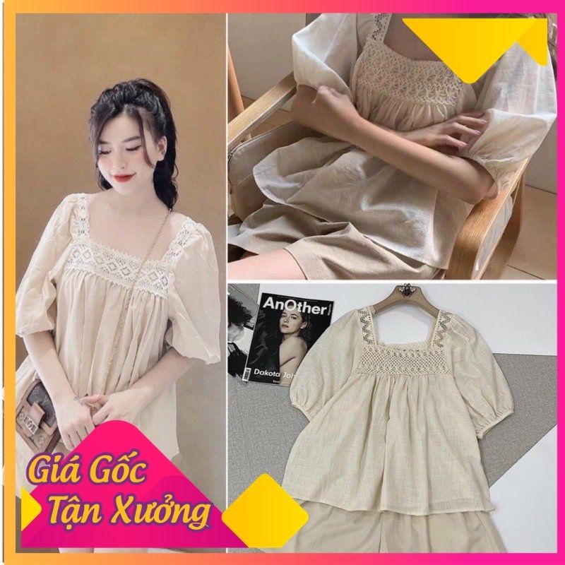 Set đũi nữ ren be cổ vuông-Bồ bộ đũi nữ pha ren mix quần soc cạp chun Freesize-Sỉ Ngọc Tâm