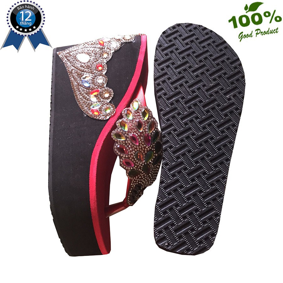 Dép kẹp chim công dán gót vươn miện màu đỏ cao 10cm
