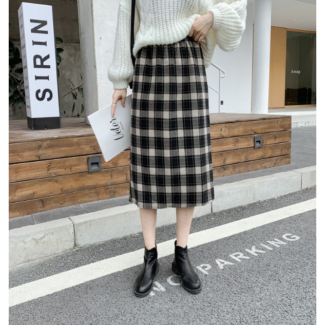 Chân váy dài, chân váy dạ kẻ caro 2 màu đen nâu Quảng Châu CV12 | BigBuy360 - bigbuy360.vn