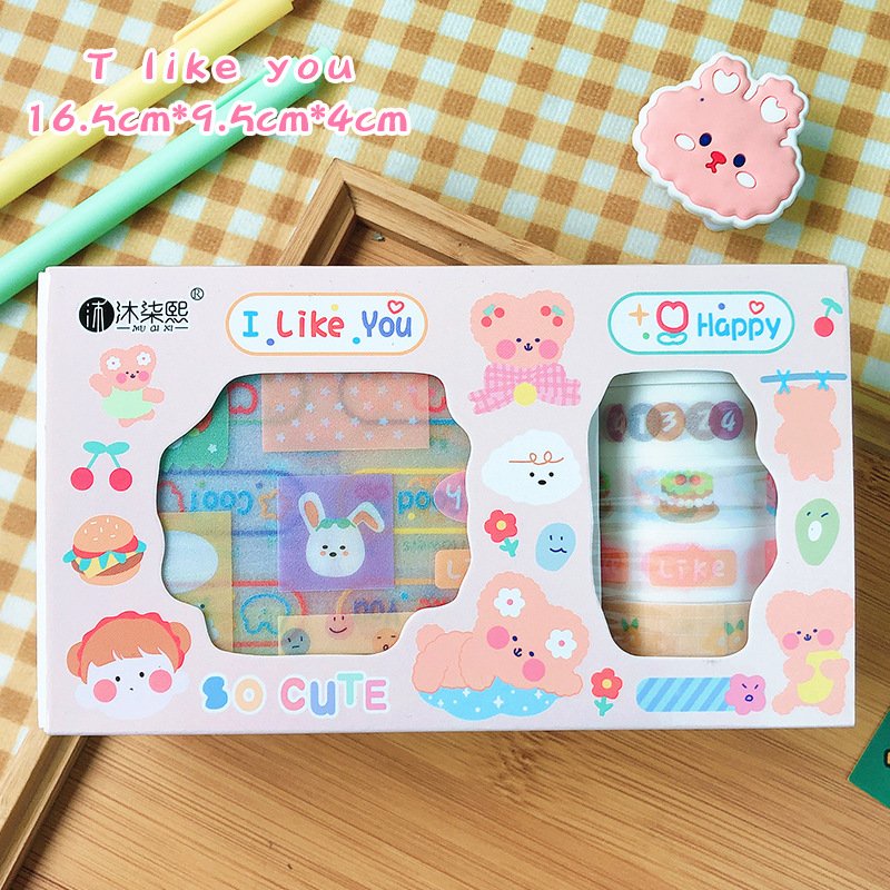 Bộ 5 băng keo trang trí washi tape có nhũ lắp lánh kèm 8 sticker đồng bộ