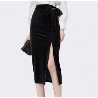 Chân váy nhung bút chì thắt nơ xẻ trước