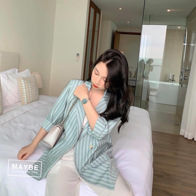 Áo khoác blazer kẻ sọc xanh nữ tabistore -  Vest dáng suông rộng kaki style ulzzang hàn quốc HOT | BigBuy360 - bigbuy360.vn
