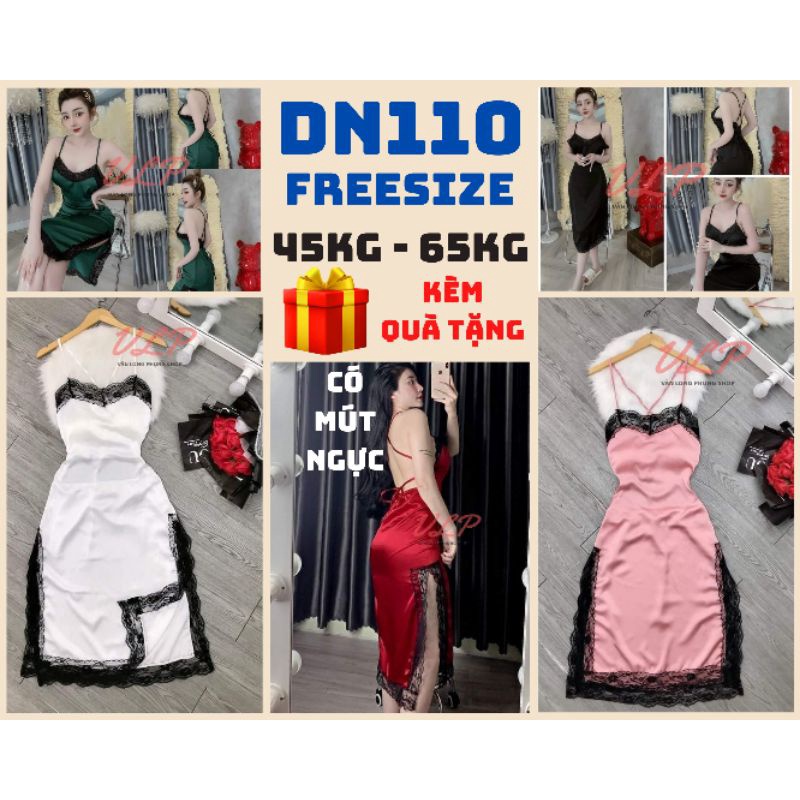 [BIGSIZE_65KG]_DN110_Váy ngủ lụa dài phối ren có mút ngực, đan dây lưng, xẻ tà sexy