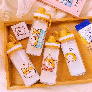 Bình nước thủy tinh kèm ống hút hình chú chó Corgi dễ thương