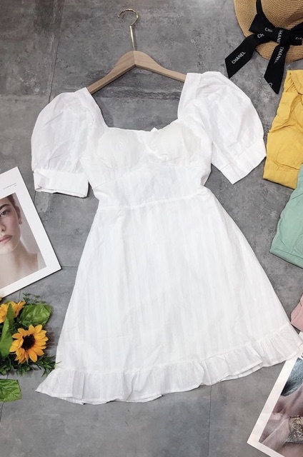 V066 Váy Trắng Buộc Nơ Hở Lưng, Đầm Thiết Kế Tay Bồng Nhẹ Chất Đũi QC cao cấp | BigBuy360 - bigbuy360.vn