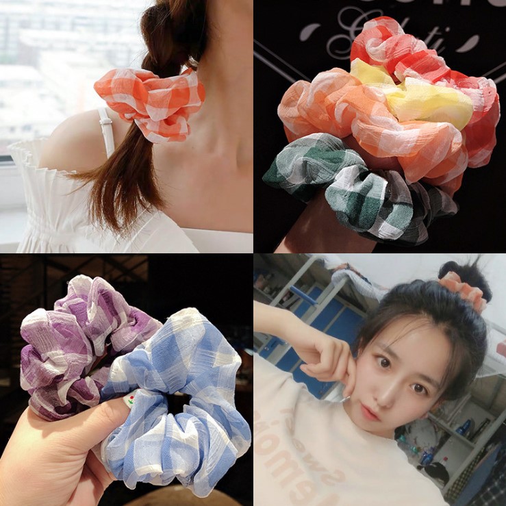 cột tóc vải scrunchies buộc tóc vải họa tiết kẻ caro to loại đẹp hot trend PK22