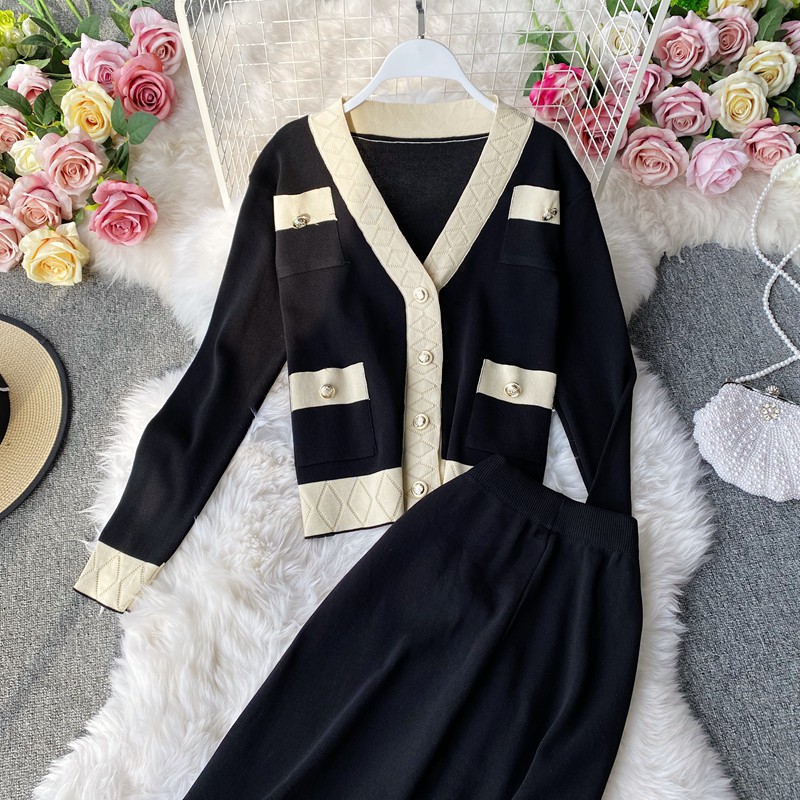 Set áo quần len áo len cardigan áo khoác quần len ống suông A432
