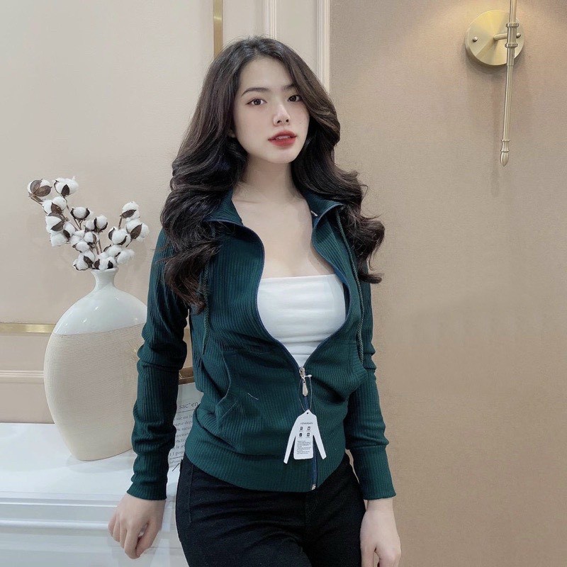 Áo Khoác Nữ Thun Gân Sọc Nhỏ Vải Đẹp. Áo Khoác Nữ Có 6 Túi, Nón To