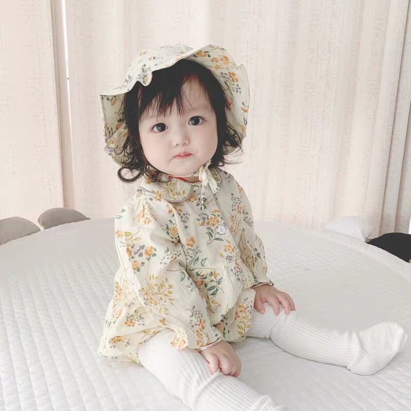 (Tặng Mũ Tròn) Váy body đũi mềm mát họa tiết hoa dây phong cách Hàn Quốc tiểu thư xinh xắn cho bé 0-3 tuổi hàng cao cấp