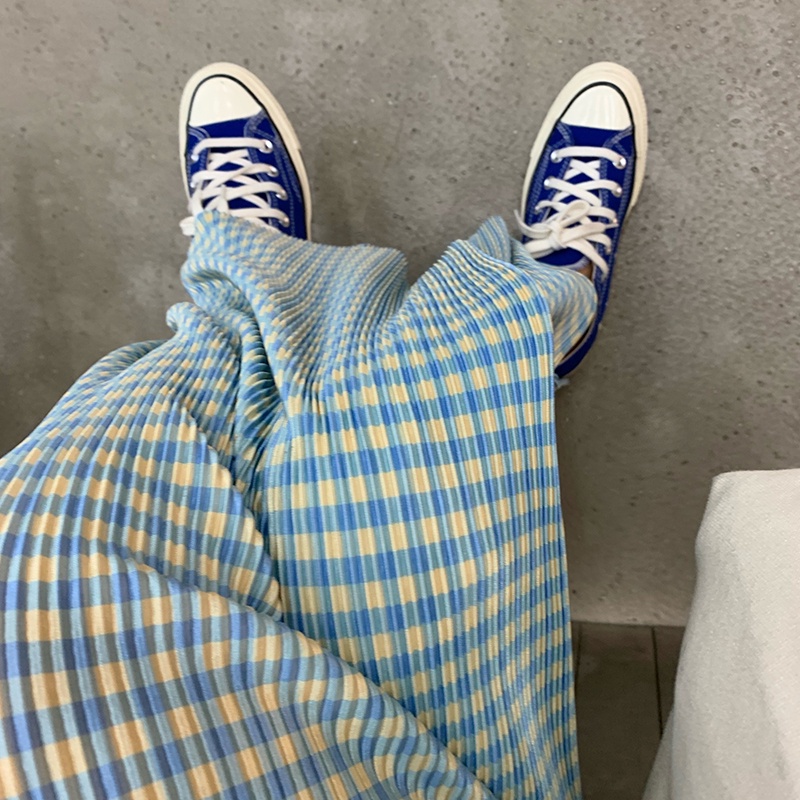 Quần Dài Lưng Cao Ống Rộng Thiết Kế Xẻ Tà Họa Tiết Sọc Caro Thời Trang