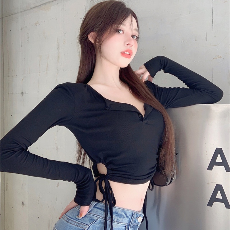 Áo thun tay dài dáng ngắn thiết kế khoét quyến rũ thời trang dành cho nữ