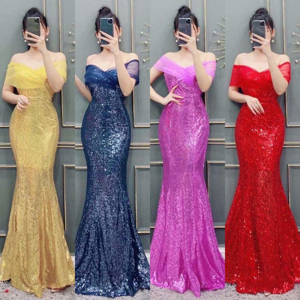 Đầm dạ hội kim sa trễ vai phối lưới