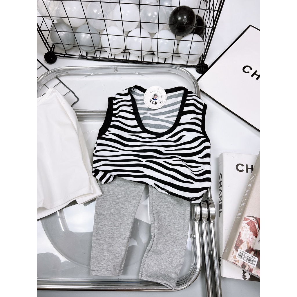 Đồ bộ bé gái, Set thu 3 chi tiết gồm áo phông dài tay, quần dài legging chất thun nỉ và áo kiểu gilê sọc vằn size 7-18kg