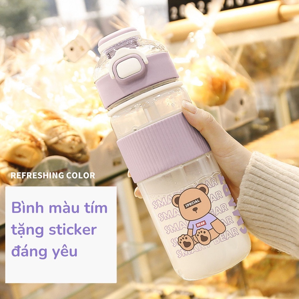 Bình nước đi học dễ thương 720ml cao cấp cute có ống hút lớn kiểu dáng Hàn Quốc đi học tặng sticker mẫu mới