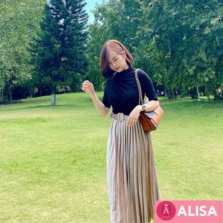 Chân váy xếp ly nhung kèm đai -ALISA